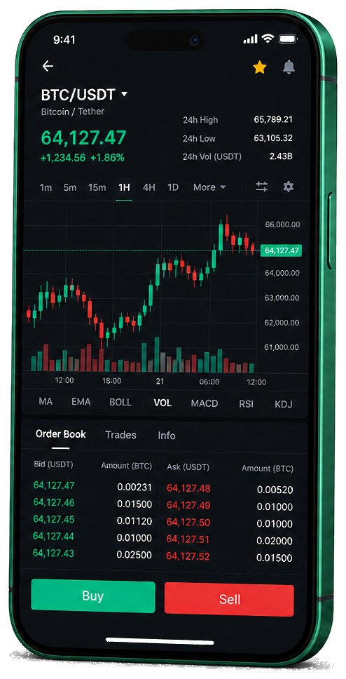 Piattaforma Euronext Milan su smartphone — grafico live BTC/USDT, order book e pannello di controllo operazioni